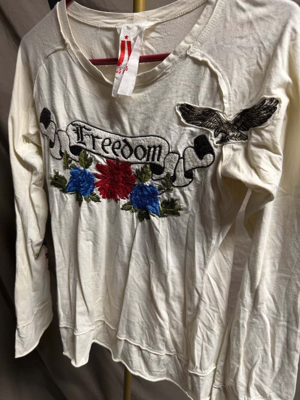 JW Los Angeles Freedom Eagle and Floral Embroidered Long Sleeve Cream T-Shirt